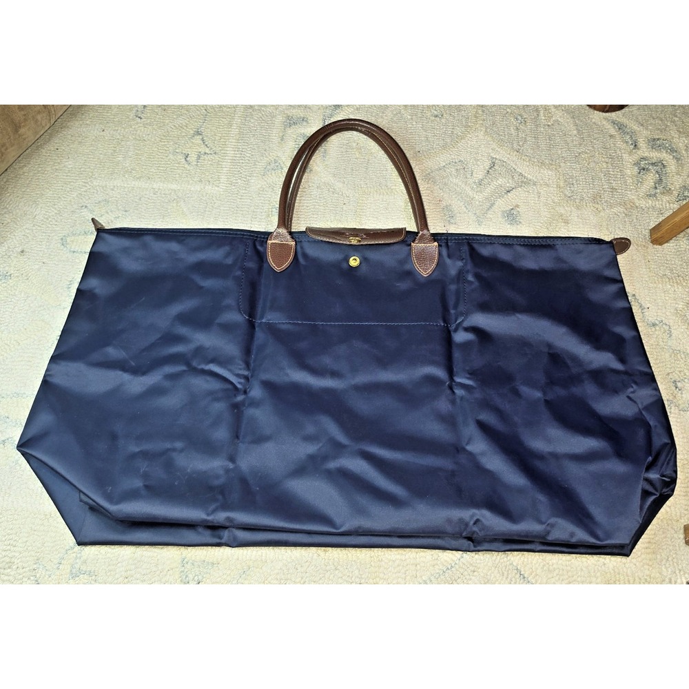Longchamp Le Pliage Original XL Travel Bag Blue Nylon Leather Handles Zip Close